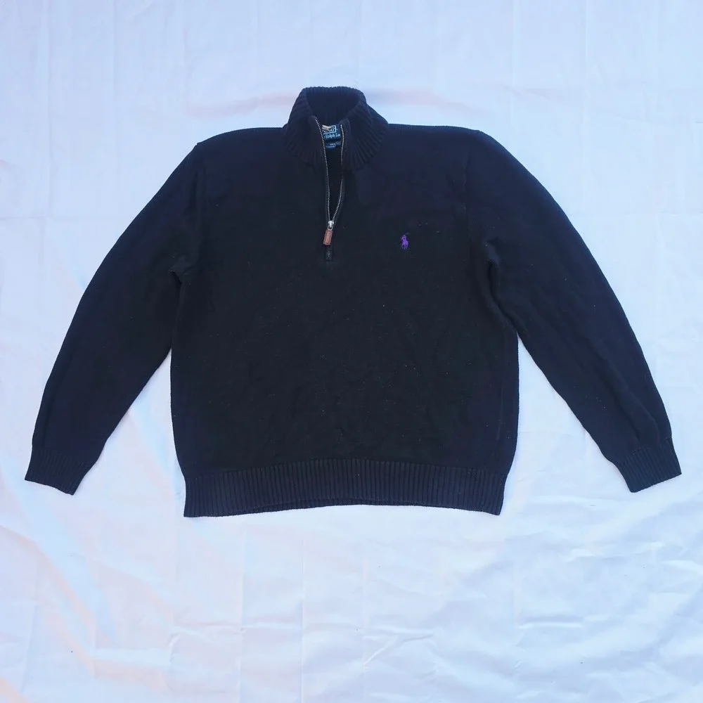 Polo Ralph Lauren Quarter Zip Sweater Mens XL Black Purple Cotton Pullover P23
